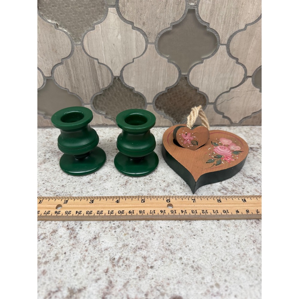 Vintage Green Candle Holders Made in Hong Kong & Hand Painted Wooden Heart Decor